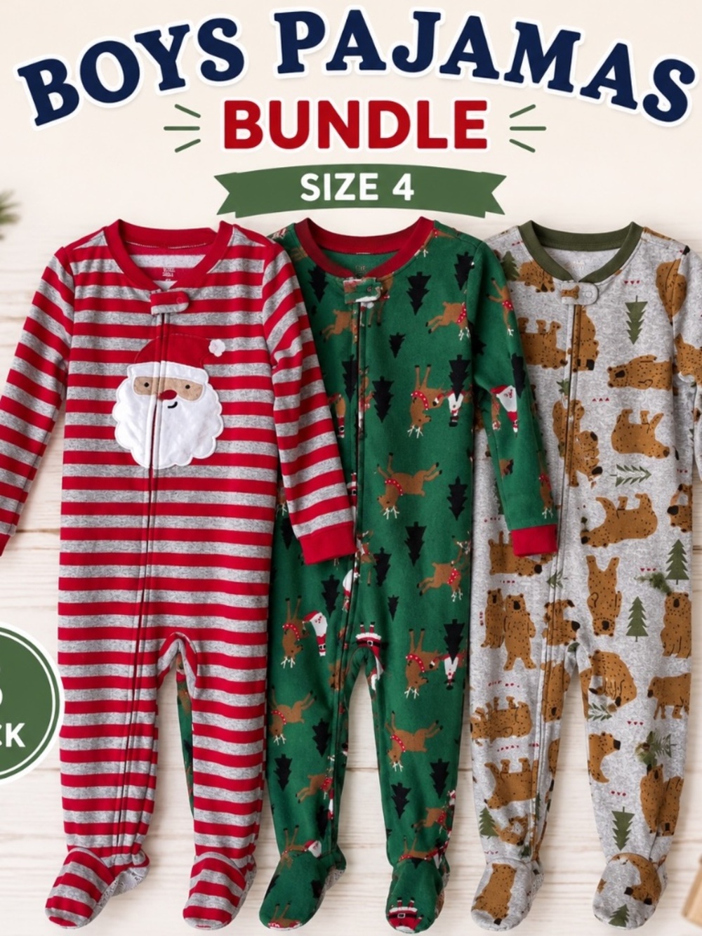 Boys Christmas Footed Pajamas Bundle Size 4 Carter’s 3-Pack